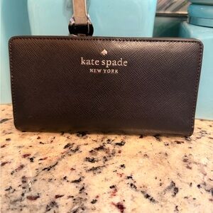 kate spade Black Saffiano Zip Wallet with Gold Logo